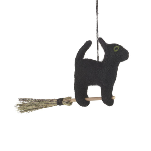 Flying Black Cat Needle Felted Hanging Decoration