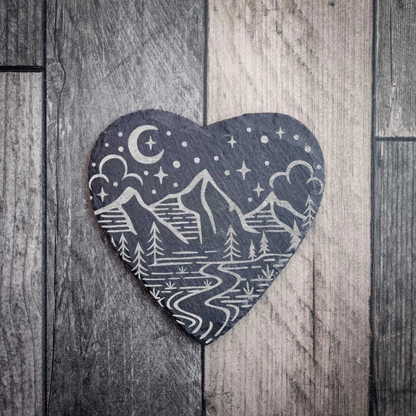 Mountain Moon Heart Shaped Slate Coaster