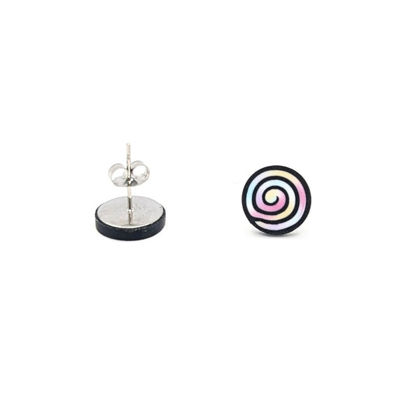 Pair of spiral round stud earrings with pastel pinks and blues on a white background
