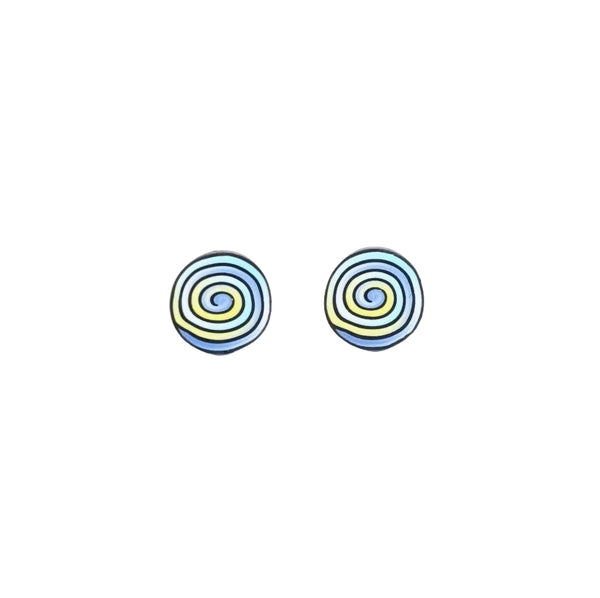 Pair of earrings with black and blue design on a white background