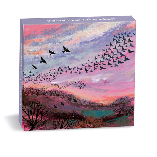 Box of 8 blank cards with envelopes featuring a colorful landscape design.