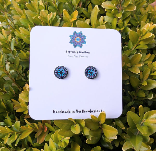 Pink Blue Tile Cane Round Fimo Stud Earrings