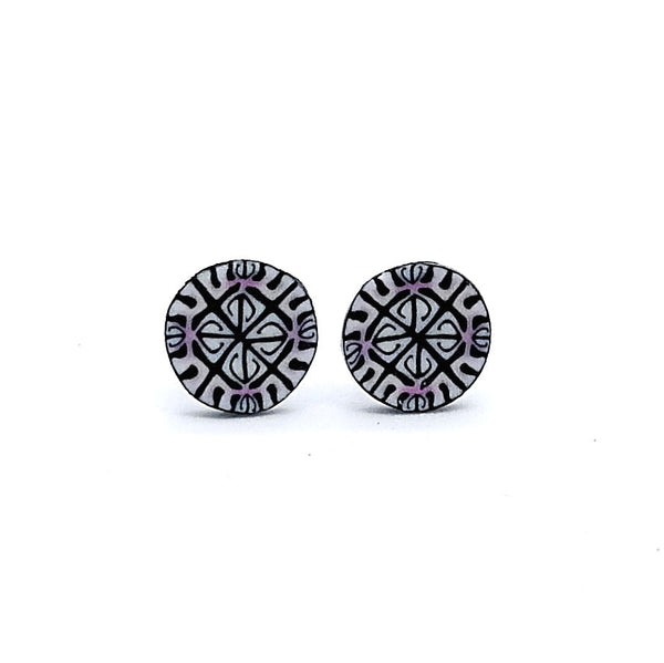 Pair of round black and white patterned earrings on a white background