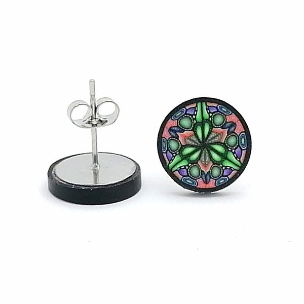 Medium Orange Green Kaleidoscope  Fimo Stud Earrings