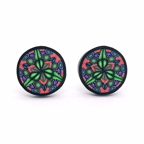 Large Orange Green Kaleidoscope  Fimo Stud Earrings