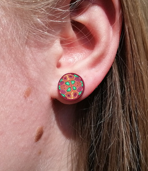 Large Kaleidoscope Green Fimo Stud Earrings