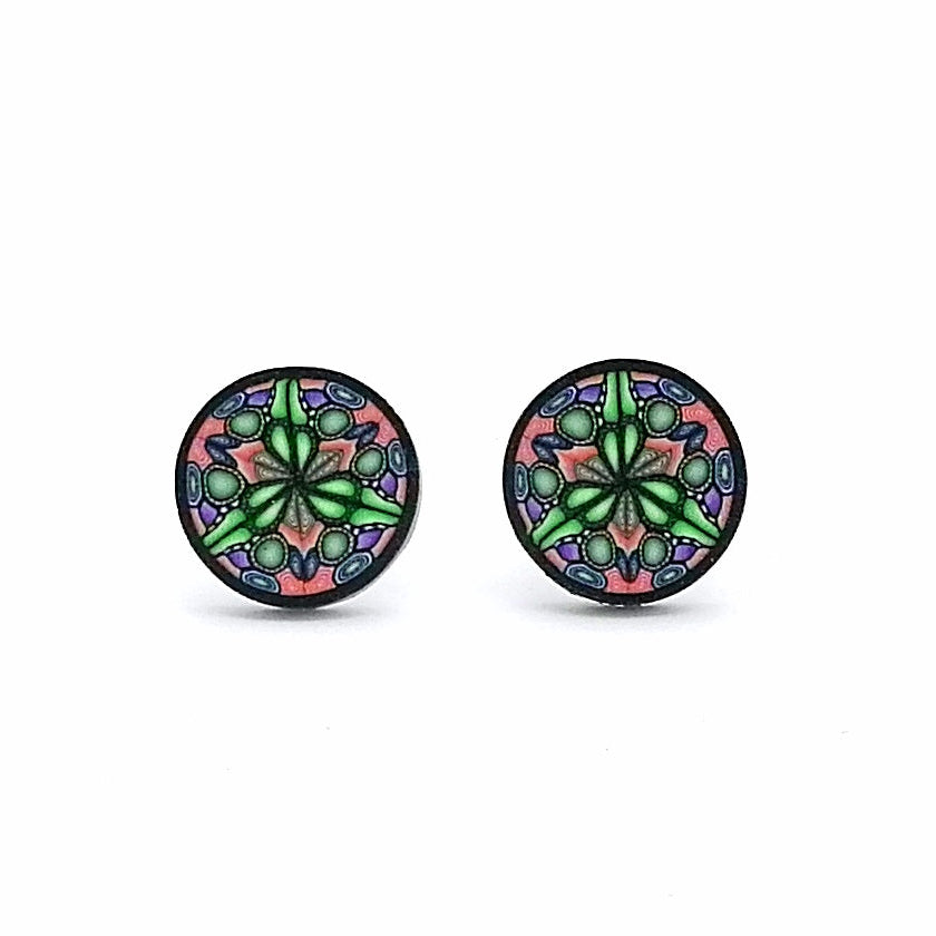 Medium Orange Green Kaleidoscope  Fimo Stud Earrings