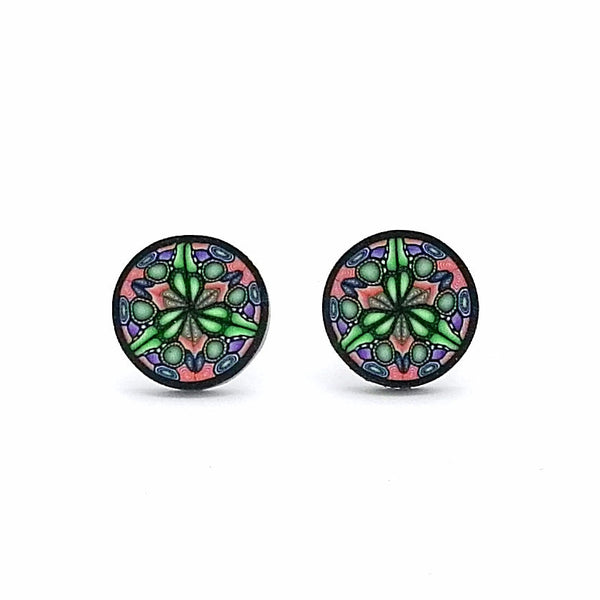 Medium Orange Green Kaleidoscope  Fimo Stud Earrings