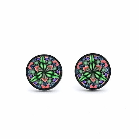 Medium Orange Green Kaleidoscope  Fimo Stud Earrings