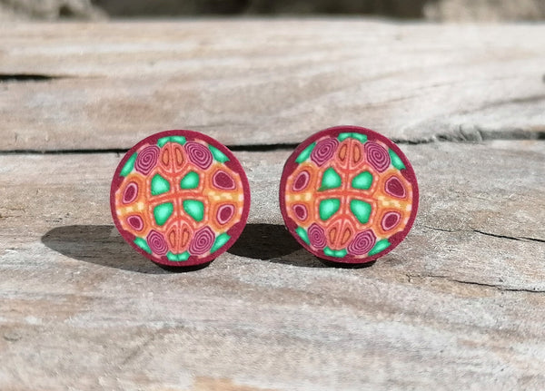 Large Kaleidoscope Green Fimo Stud Earrings