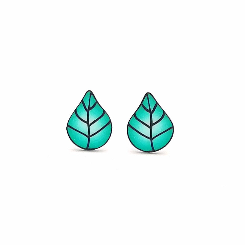 Teal leaf-shaped earrings on a white background