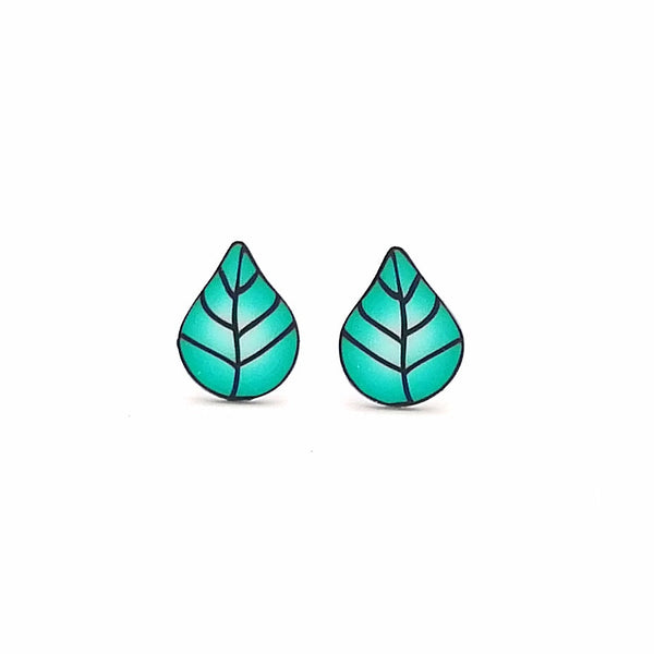 Teal leaf-shaped earrings on a white background