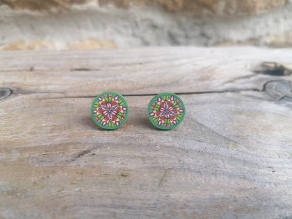Green Kaleidoscope Fimo Stud Earrings