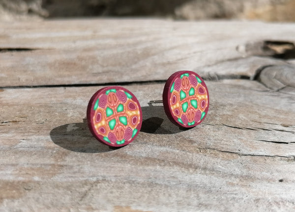 Large Kaleidoscope Green Fimo Stud Earrings