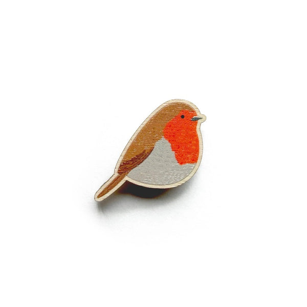 Bird-shaped pin with a red breast and brown back on a white background