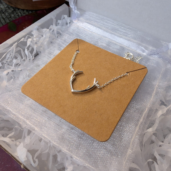 Silver necklace on a brown card inside a jewelry box with white tissue paper.