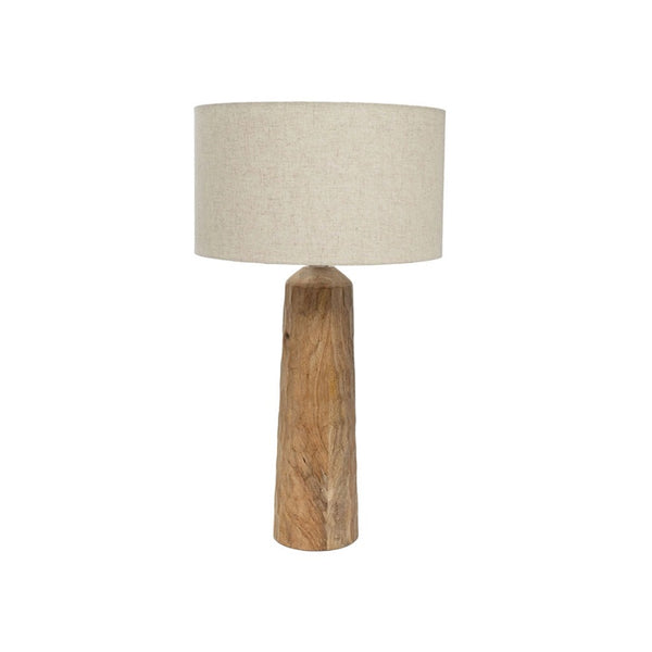 Table lamp with wooden base and beige fabric shade on a white background