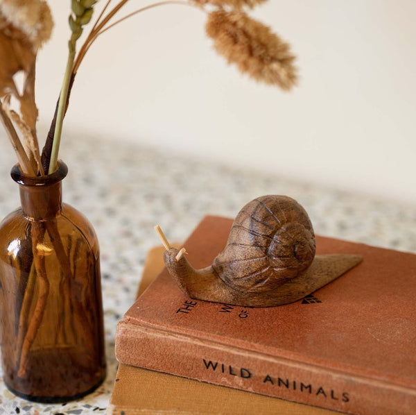 A small carved snail figurine in earthy brown tones rests on a stack of vintage-style books, with a brown glass bottle and dried grass stems nearby on a light surface.