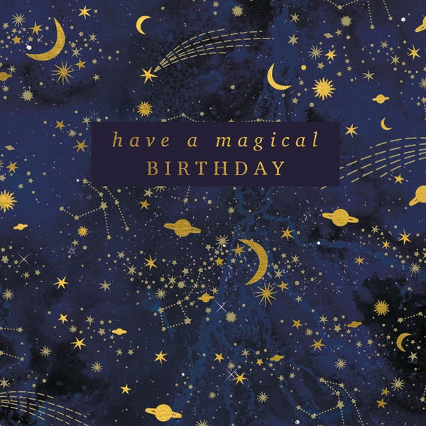 Starry night sky with celestial patterns and 'have a magical birthday' text on a blue background.