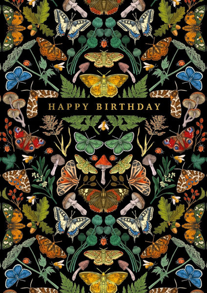 Birthday card with colorful butterflies and plants on a black background