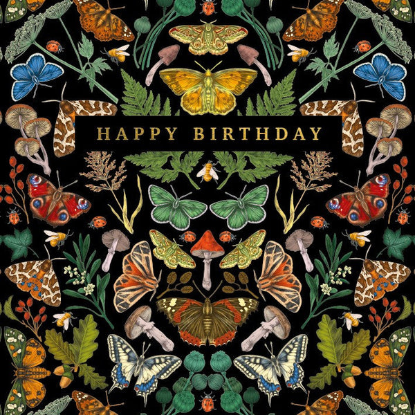 Birthday card with colorful butterflies and plants on a black background