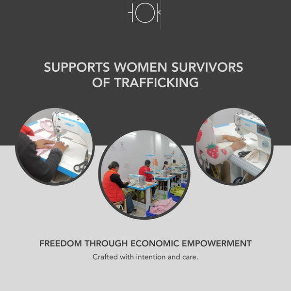 Advertisement for a program supporting women survivors of trafficking with images of people working.