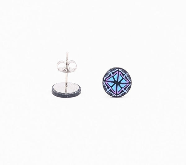 round blue and pink patterned stud earrings