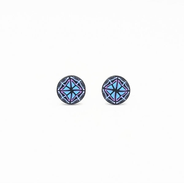 Blue and pink round stud earrings on a white backgorund