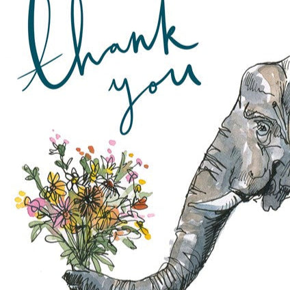 A greeting card with an illustration of an elephant holding a bouquet of flowers with the text 'Thank you' written above.