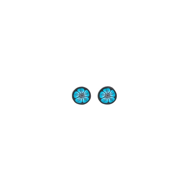 Pair of blue circular earrings on a white background