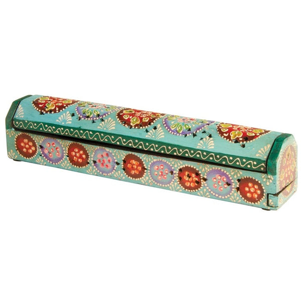 Colorful cylindrical incense box with floral patterns on a white background