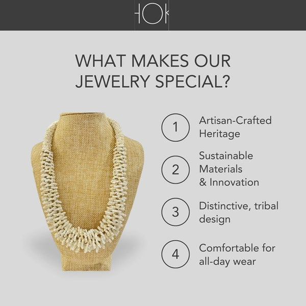 Jewelry display with a necklace on a mannequin and text highlighting special features of the jewelry.