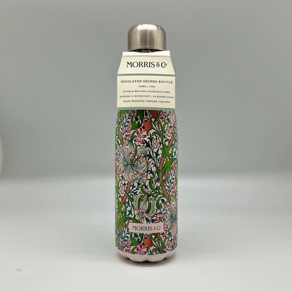 Morris & Co insulated drinks bottle with decorative pattern on a gray background