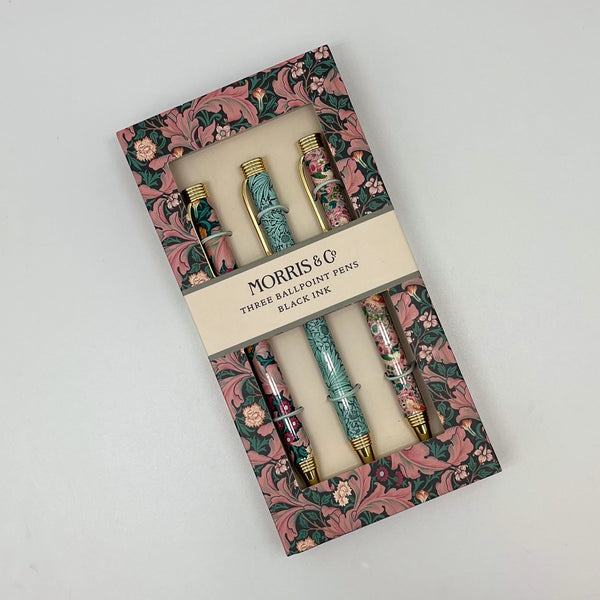Set of three ballpoint pens in decorative packaging with floral design, featuring the brand 'Morris & Co'.