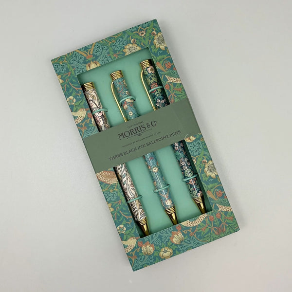 A boxed set of three Morris & Co ballpoint pens in a decorative green patterned gift box with a mint-green band reading 'MORRIS & CO' across the front.