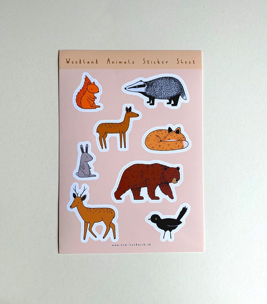Woodland animals sticker sheet on a pink background