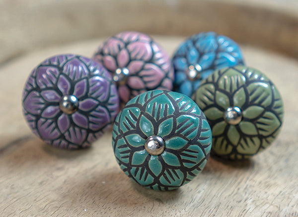Ceramic Doorknob with Black Flower
