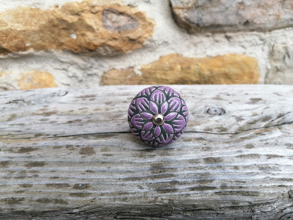 Ceramic Doorknob with Black Flower