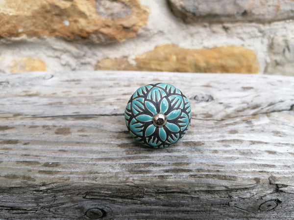 Ceramic Doorknob with Black Flower