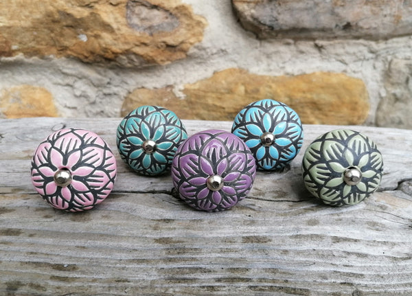 Ceramic Doorknob with Black Flower