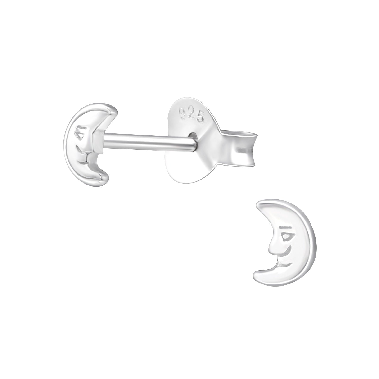 Crescent Moon Face Sterling Silver Stud Earrings