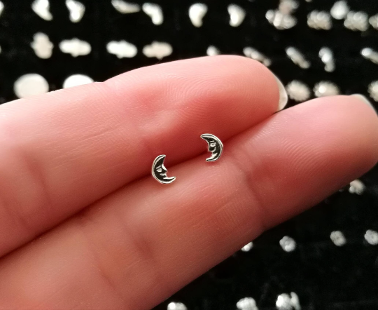 Crescent Moon Face Sterling Silver Stud Earrings