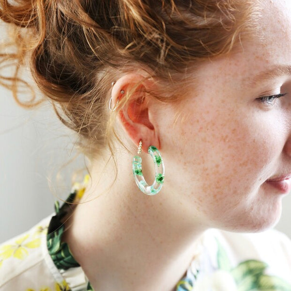 Green Dried Flower Resin Hoop Earrings