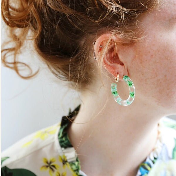 Green Dried Flower Resin Hoop Earrings