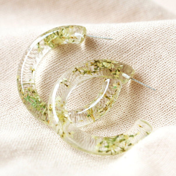 Natural Dried Flower Resin Hoop Earrings