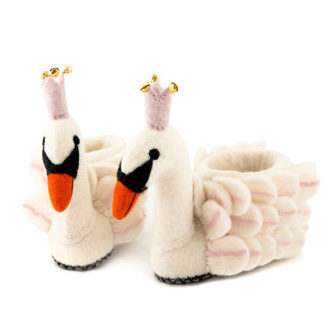 A pair of felted Odette swan children's slippers by Sew Heart Felt