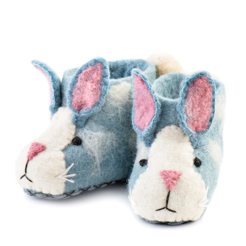 A pair of blue felted rory rabbit slippers by sew Heart Felt