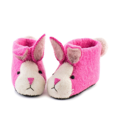 A pair of pink felted rabbit slippers in children's size by Sew Heart Felt
